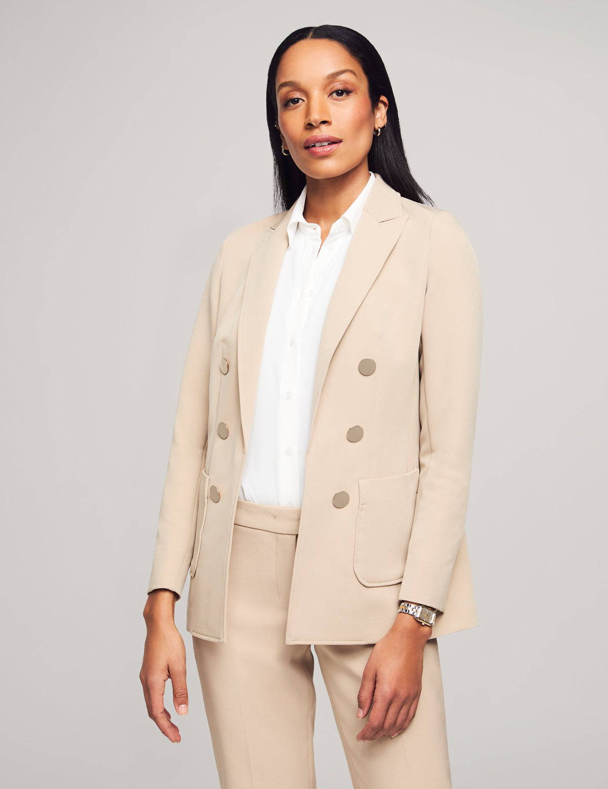 Anne Klein Latte Faux Double-Breasted Jacket With Patch Pockets- Clearance