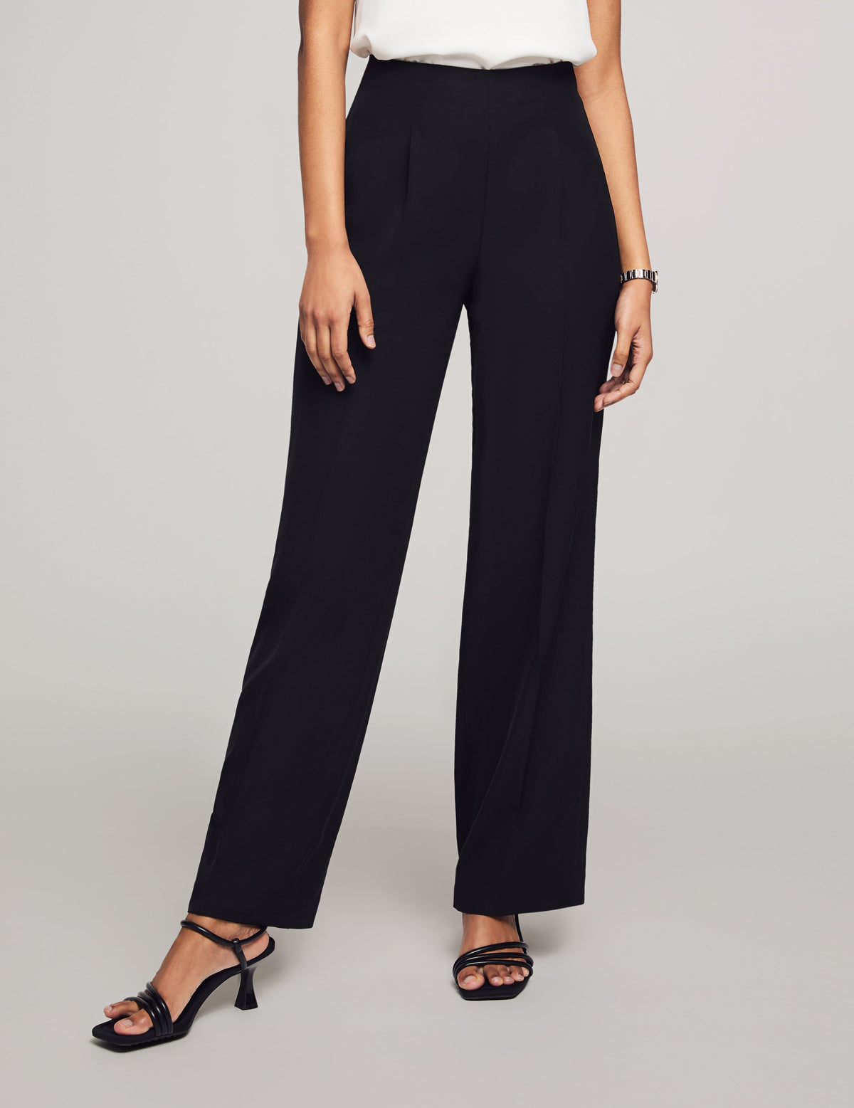 Anne Klein Anne Black Crepe Side Zip High Rise Pant With Pleat Wide Leg- Clearance