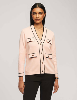 Anne Klein Cherry Blossom/Anne Black Cardigan With Tipped Pockets- Clearance