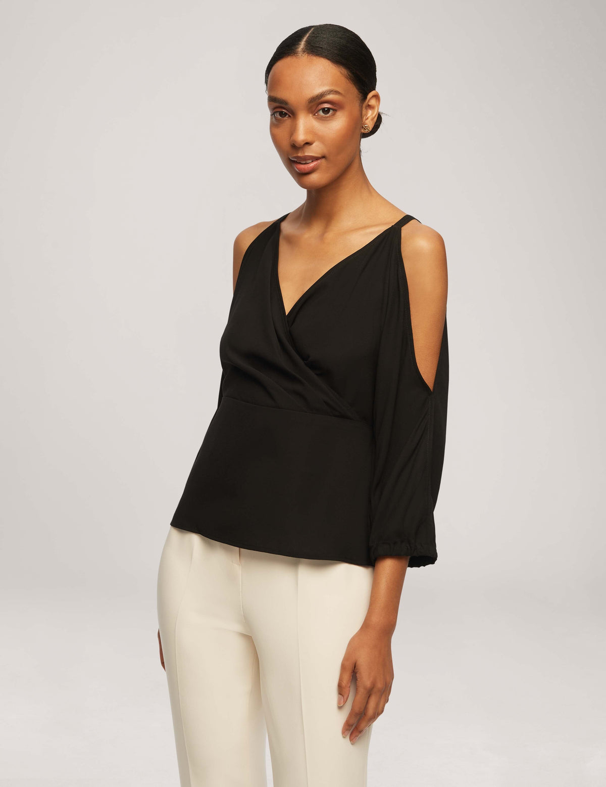 Anne Klein Anne Black Cold Shoulder Crossover Peplum Blouse- Clearance