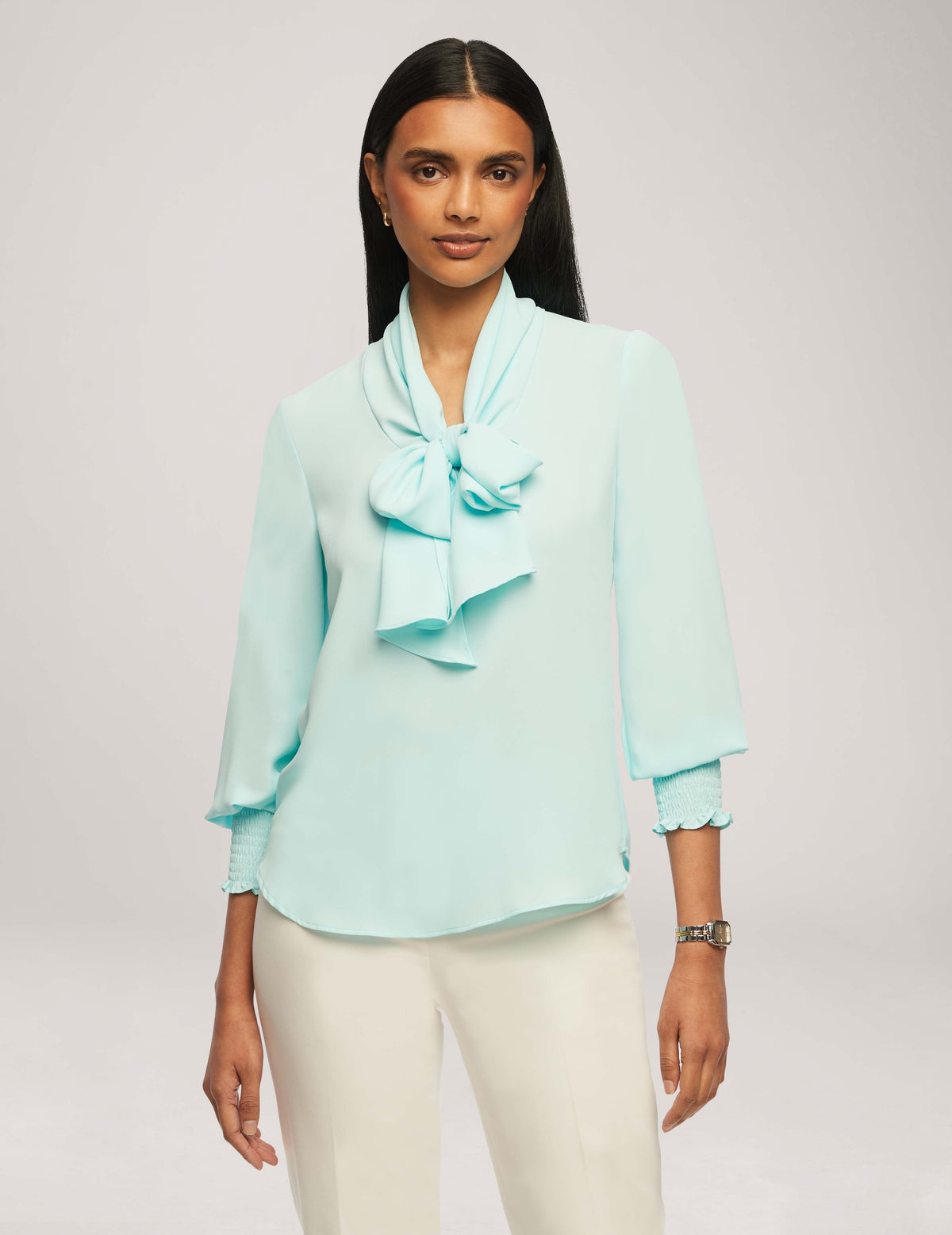 Anne Klein Ocean Sky Smocked Cuff Bow Blouse- Clearance