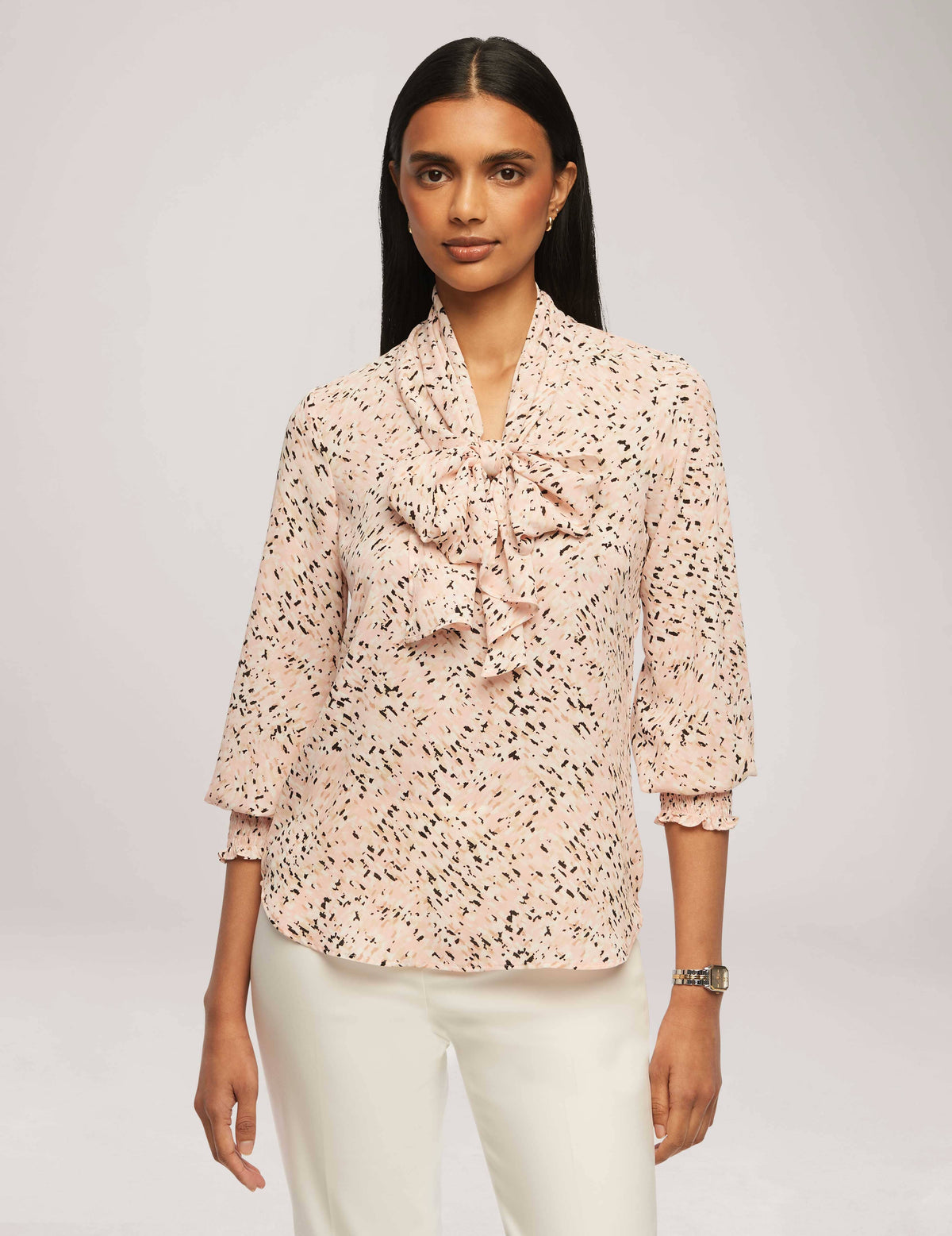 Anne Klein Cherry Blossom Multi Printed Smocked Cuff Bow Blouse- Clearance