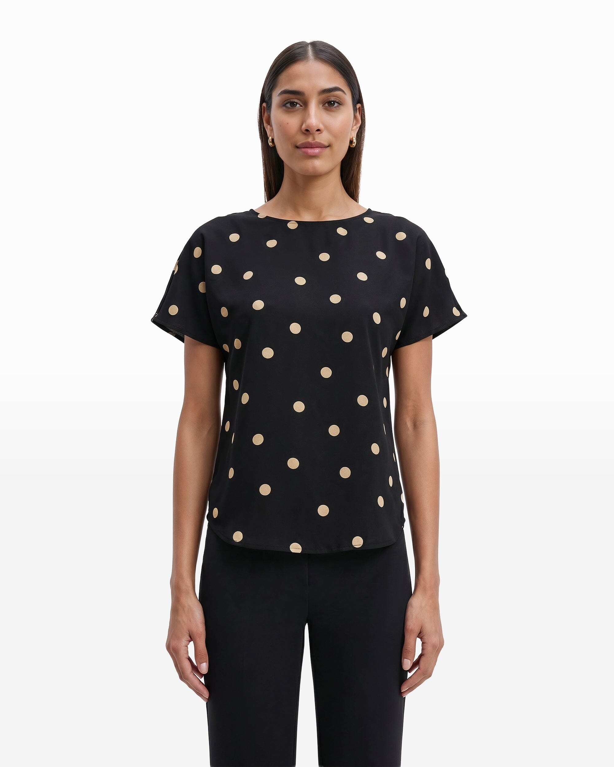 Anne Klein black short sleeve blouse with large camel polka dots and bateau neckline, relaxed fit