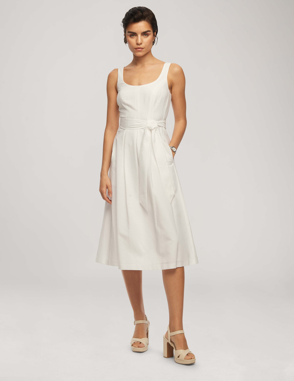 Anne Klein Bright White Seersucker Topsitch Midi Dress With Pleats- Clearance