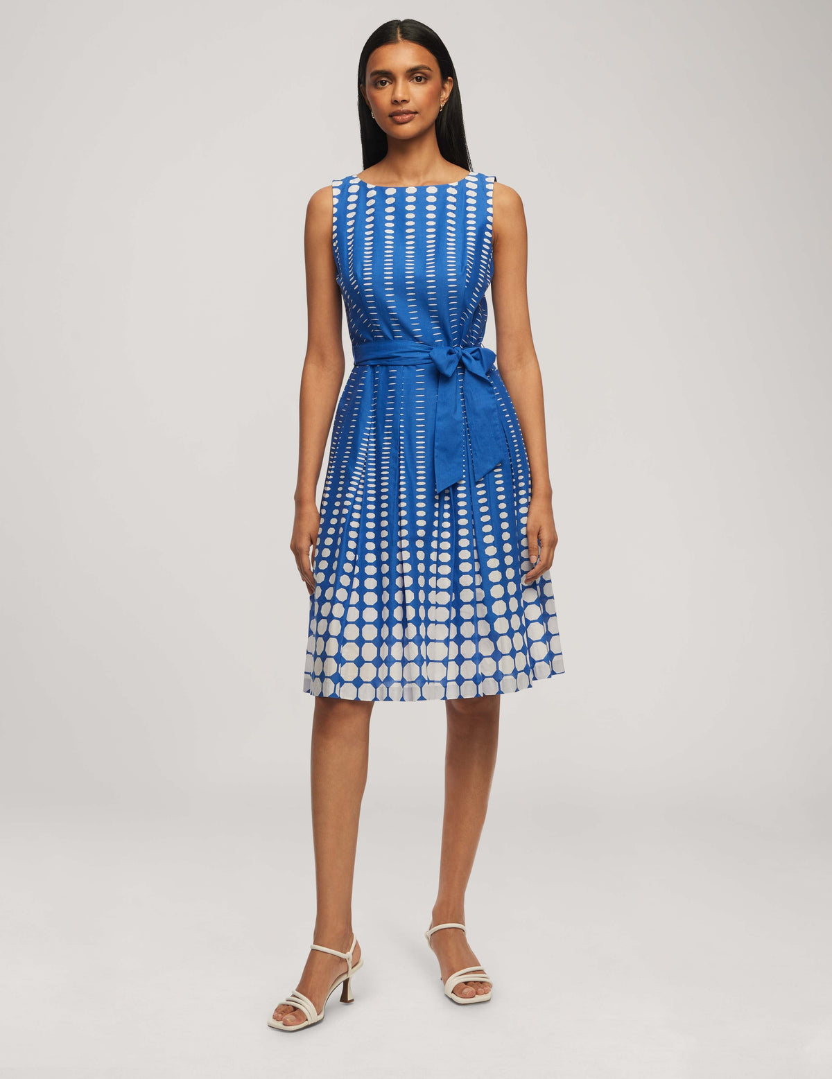 Anne Klein Shore Blue/Anne White Printed Cotton Fit &amp; Flare With Sash- Clearance