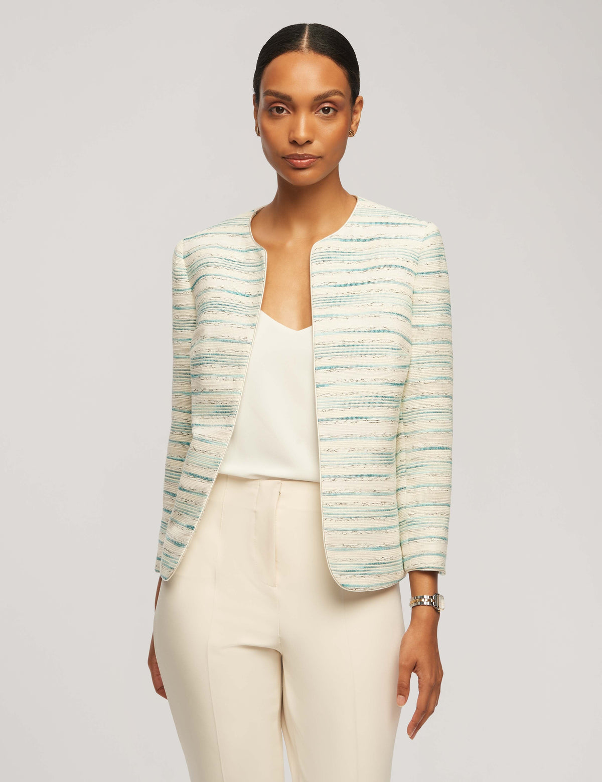 Anne Klein Siren Blue Multi Stripe Tweed Piped Cardigan Jacket- Sale