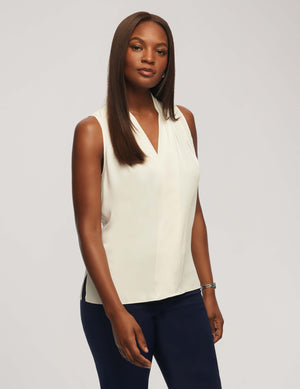 Anne Klein Anne White Sleeveless Pleated Shoulder Blouse- Clearance