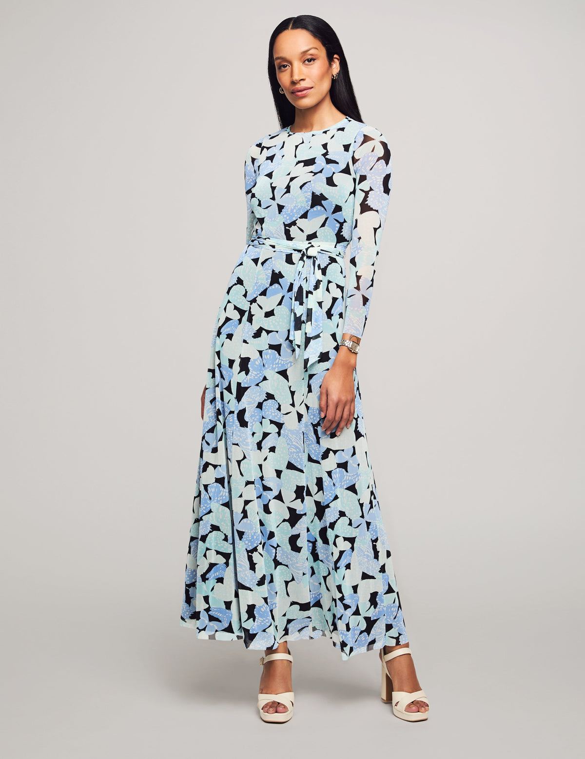 Anne Klein Shore Blue Multi Printed Mesh Long Sleeve Maxi Dress- Sale