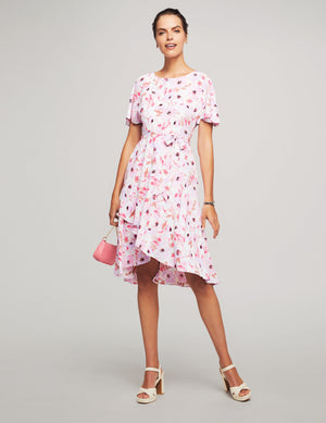 Anne Klein Lilac Petal Multi Printed Flutter Sleeve Sash Dress - Clearance