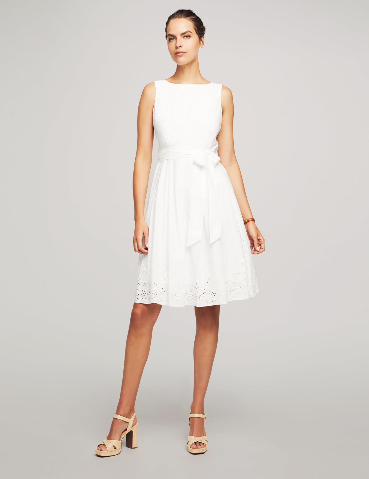 Anne Klein Bright White Border Eyelet Fit &amp; Flare Dress- Clearance