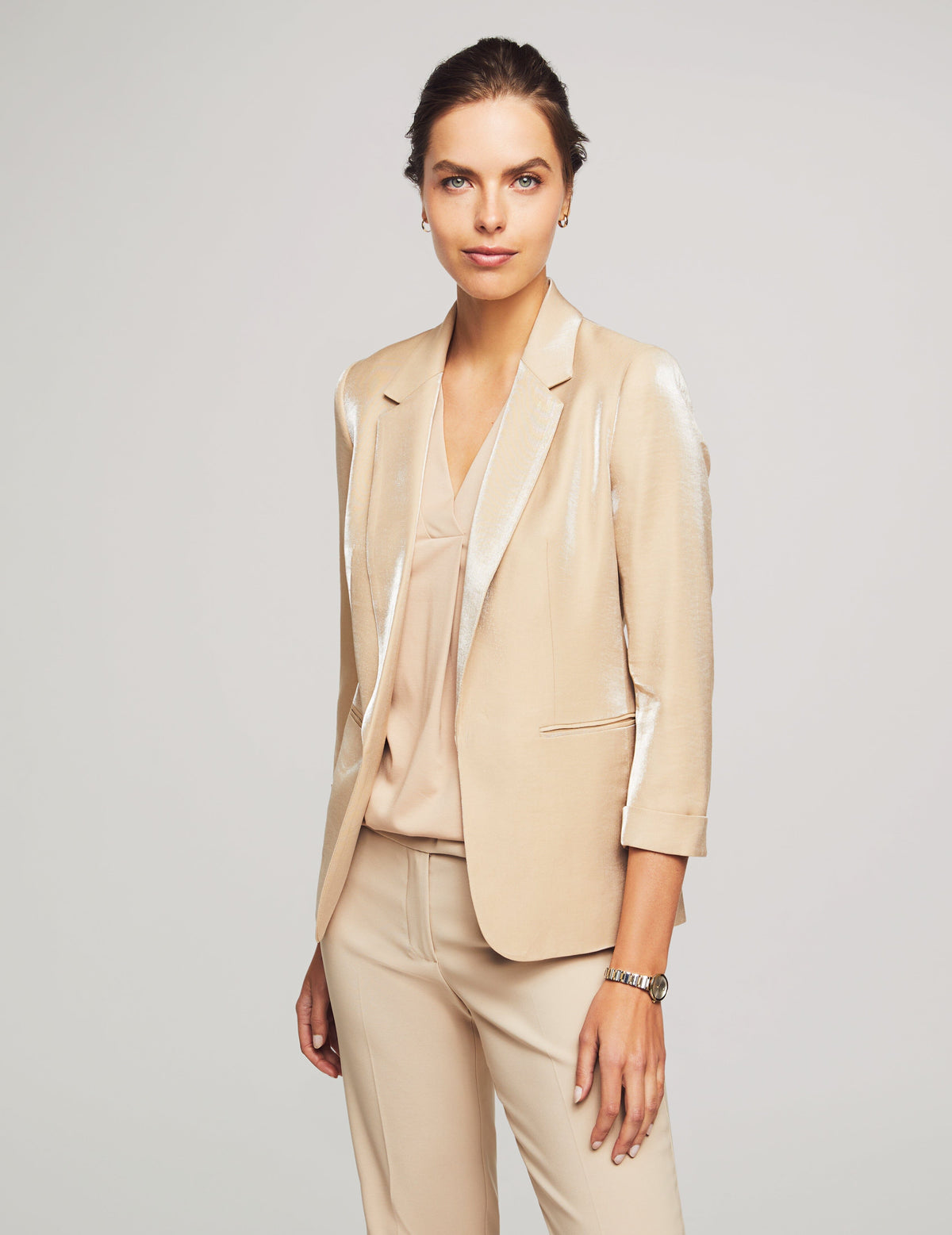 Anne Klein Light Coffee Shimmer Twill Notched Collar Jacket With Rolled Sleeves- Clearance
