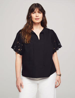Anne Klein Anne Black Plus Size Poplin Embroidered Flutter Sleeve Blouse- Clearance