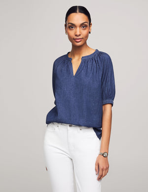 Anne Klein Dark Wash Elbow-Length Puff Sleeve Denim Blouse- Sale