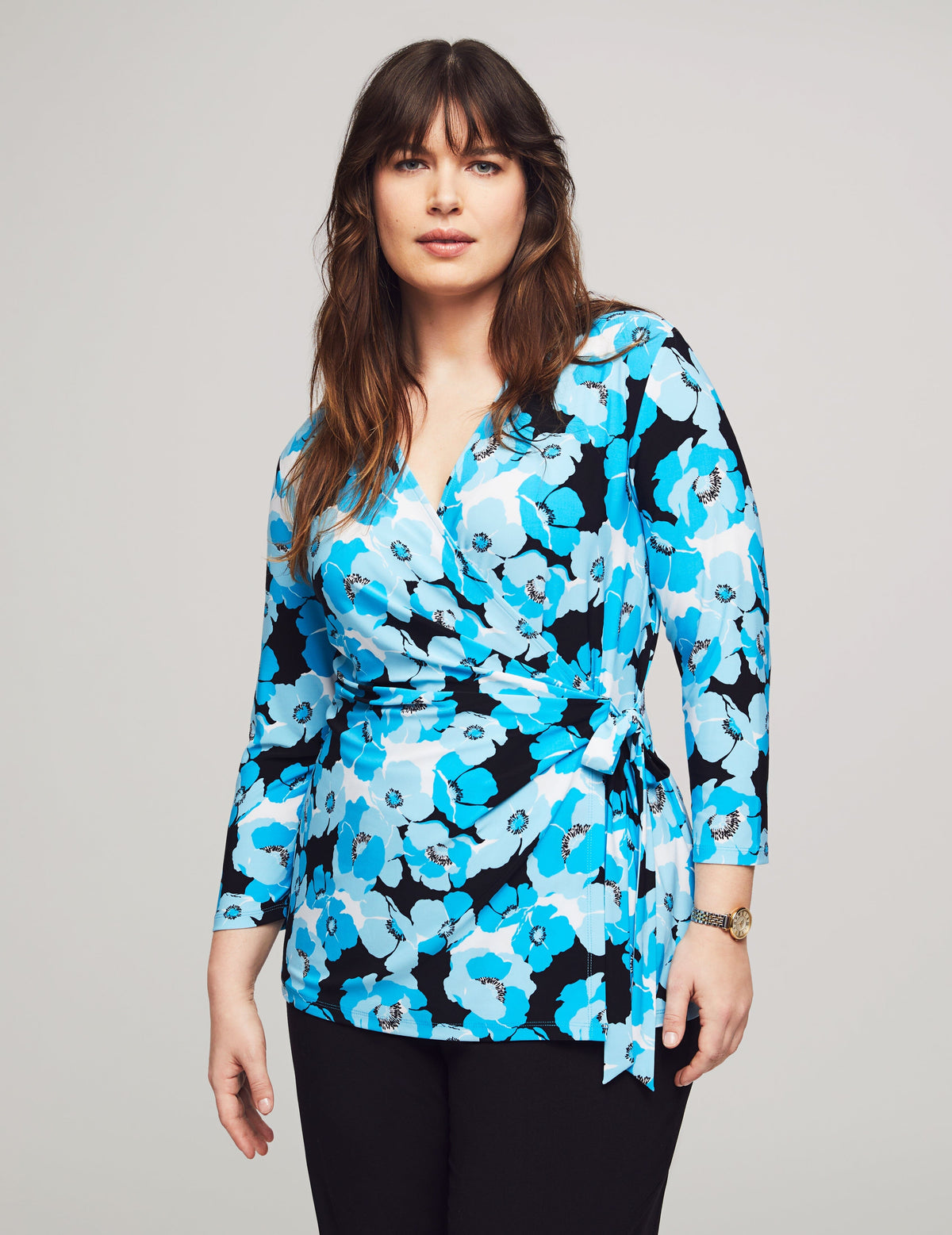 Anne Klein Tropical Blue Multi Plus Size Printed 3/4 Sleeve Wrap Top- Clearance