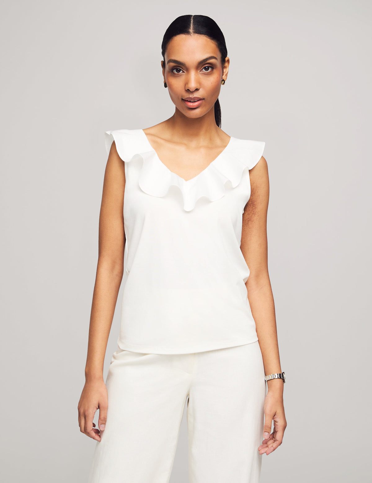 Anne Klein Bright White Harmony Woven Combo Flounce Top- Clearance