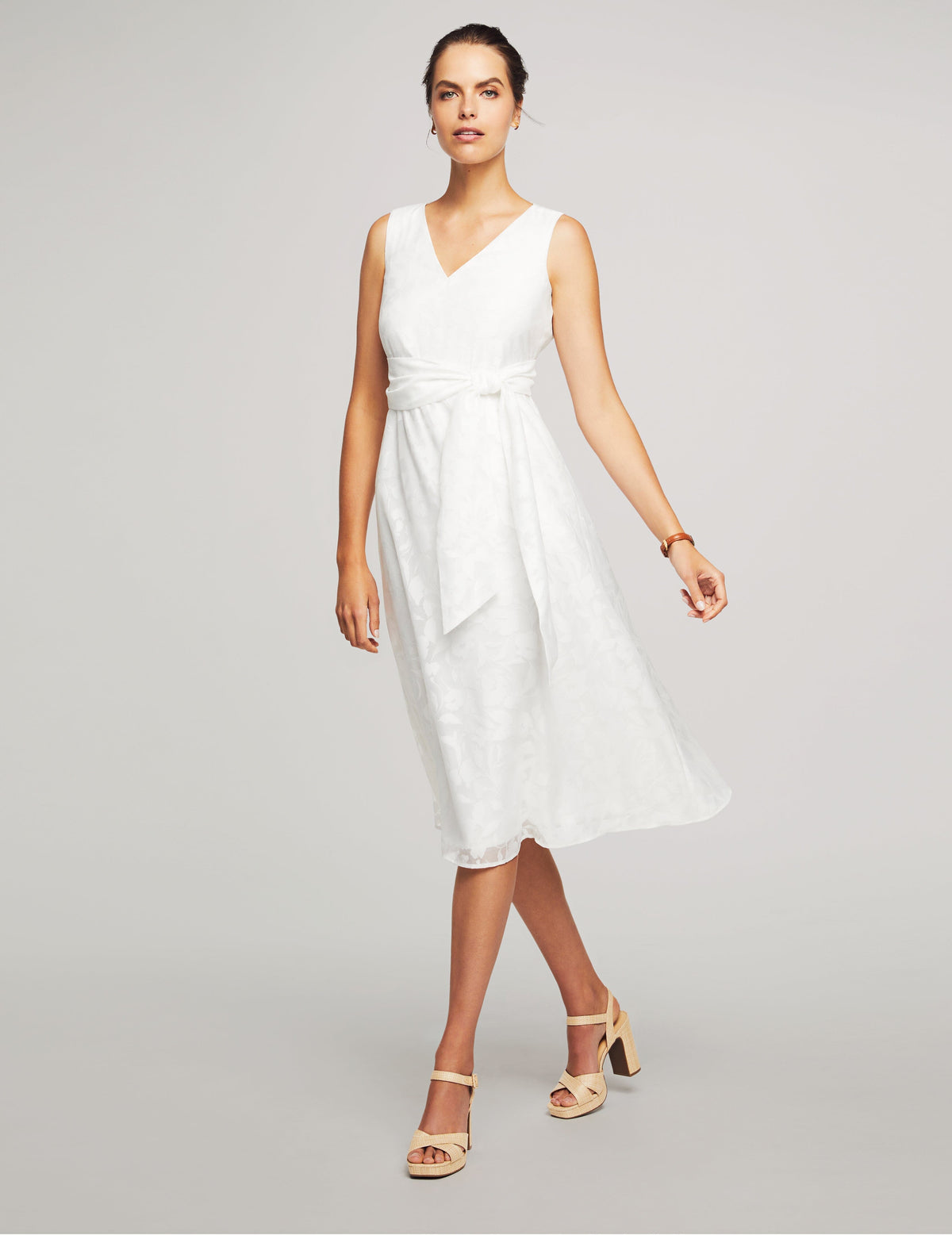 Anne Klein Bright White Midi Dress With Attached Sash- Clearance