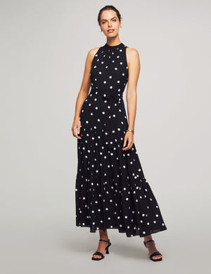 Anne Klein Anne Black/Bright White Dot Print Tiered Tie Neck Maxi Dress- Sale