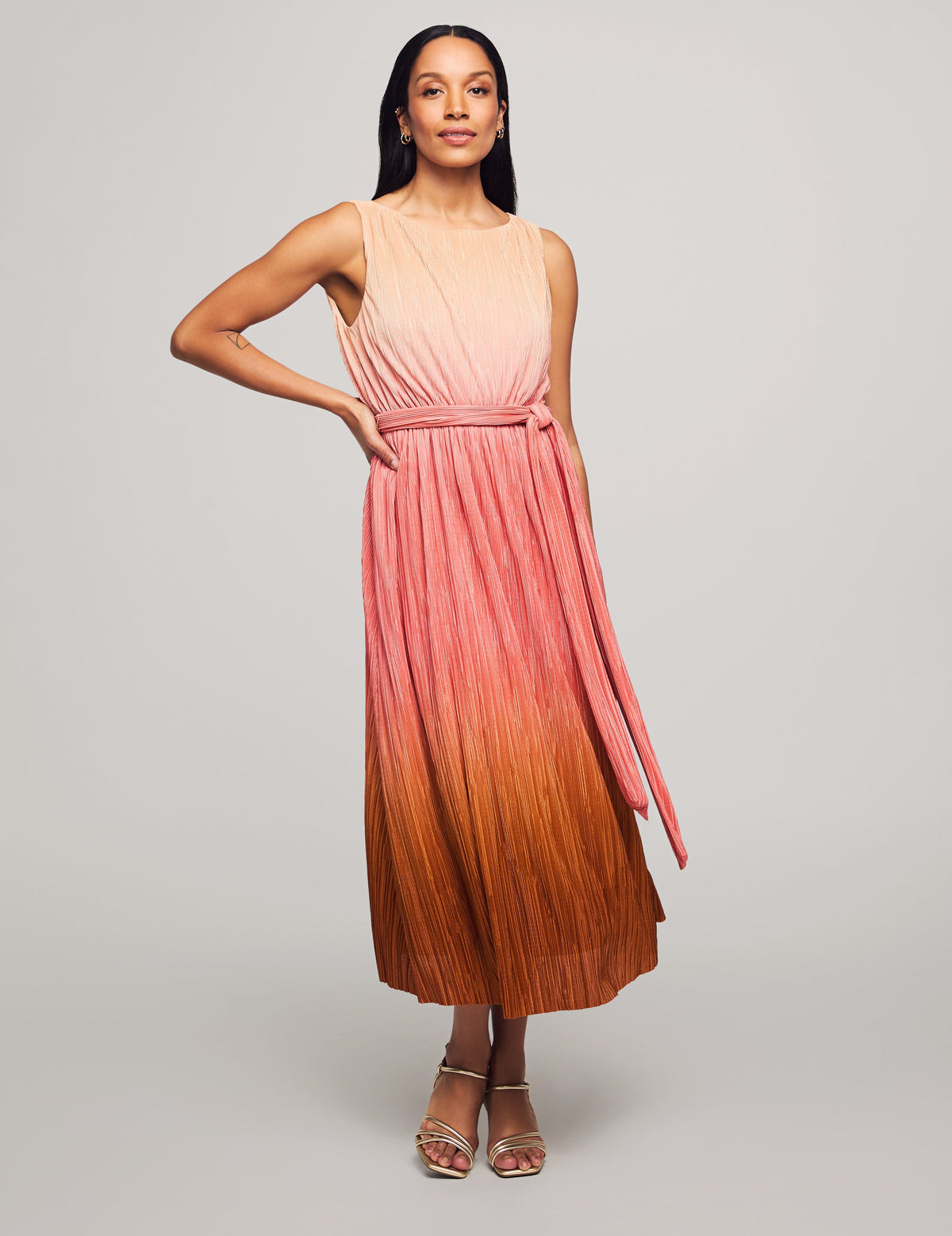 Anne Klein Rose Clay Multi Boatneck Pleated Ombre Midi Dress- Clearance