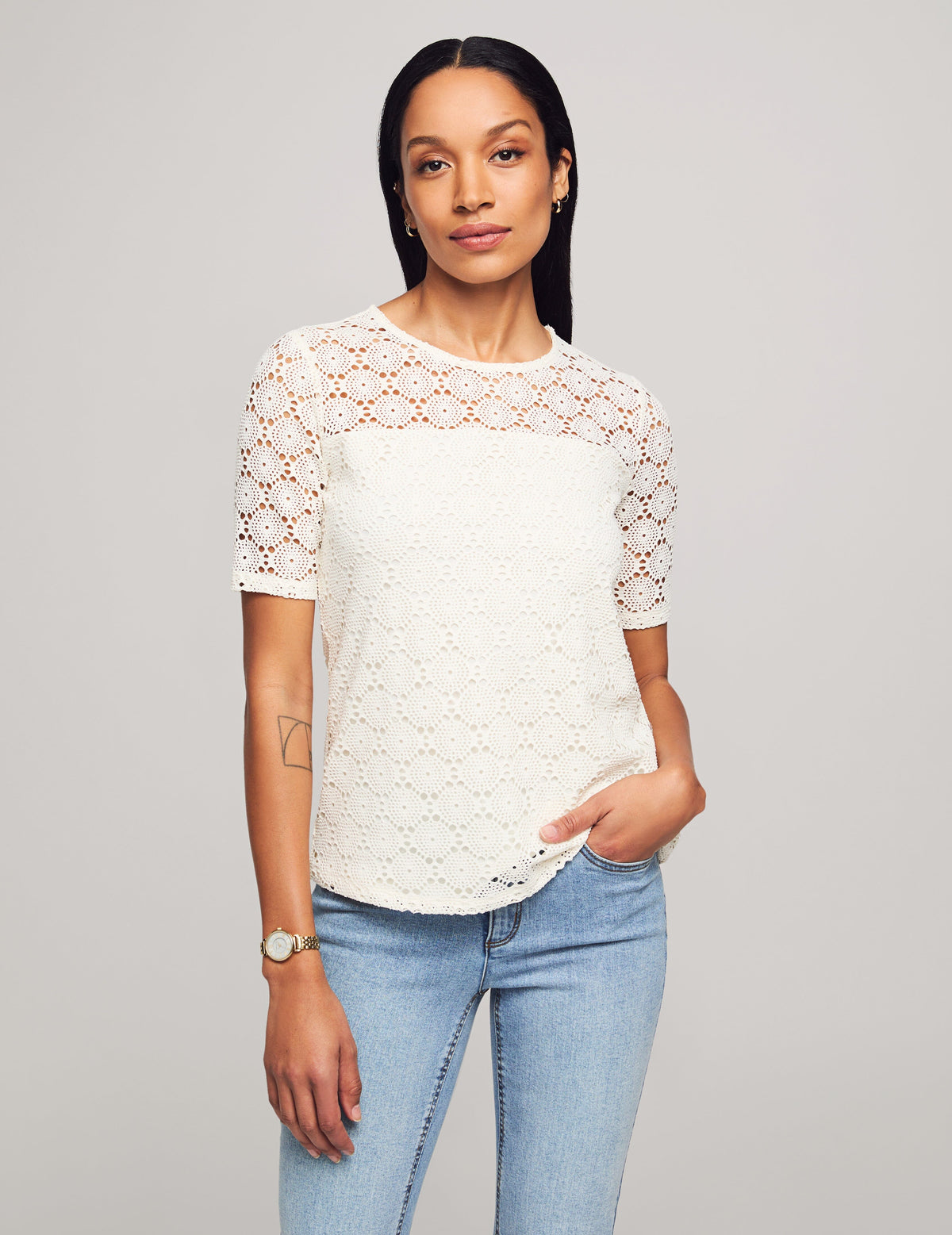 Anne Klein Anne White Lace Knit Elbow Sleeve Lace Tee- Sale