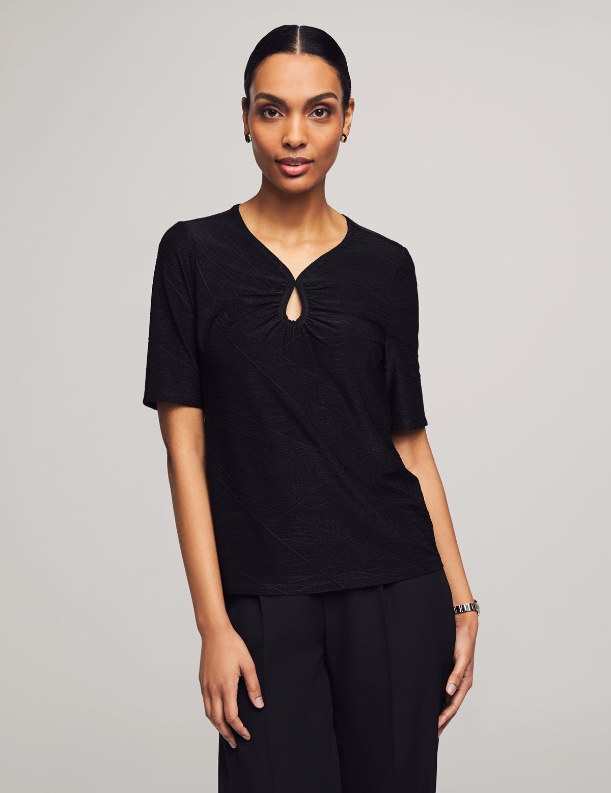 Anne Klein Anne Black Elbow Sleeve Shirred Keyhole Tee- Sale