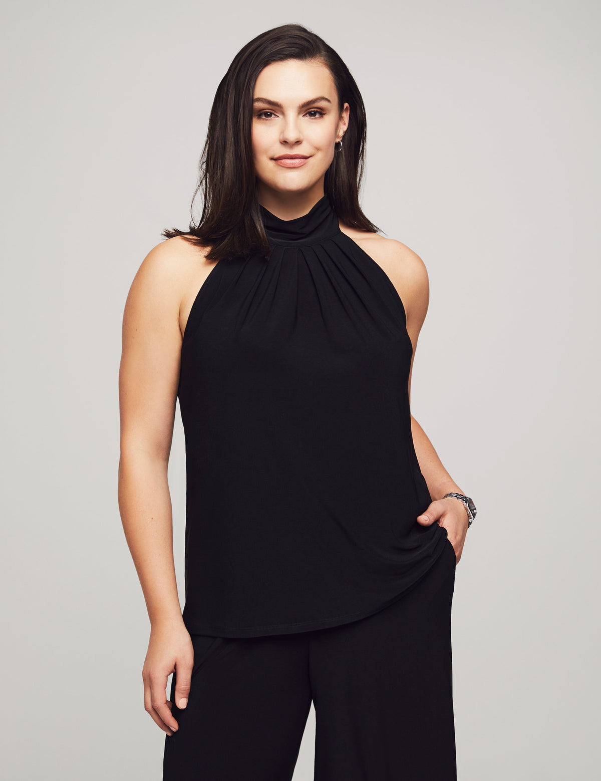 Anne Klein Anne Black Pleat Neck Halter Top- Sale