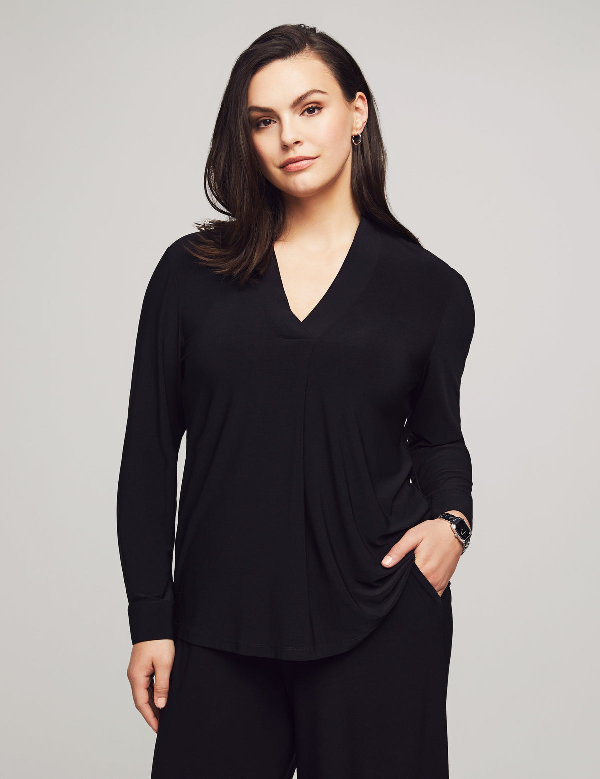 Anne Klein Anne Black Long Sleeve Buttoned Cuff Top With V-Neck Collar- Sale