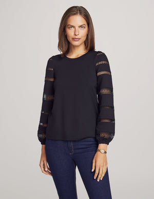 Anne Klein Anne Black Serenity Knit Lace Sleeve Tee- Sale