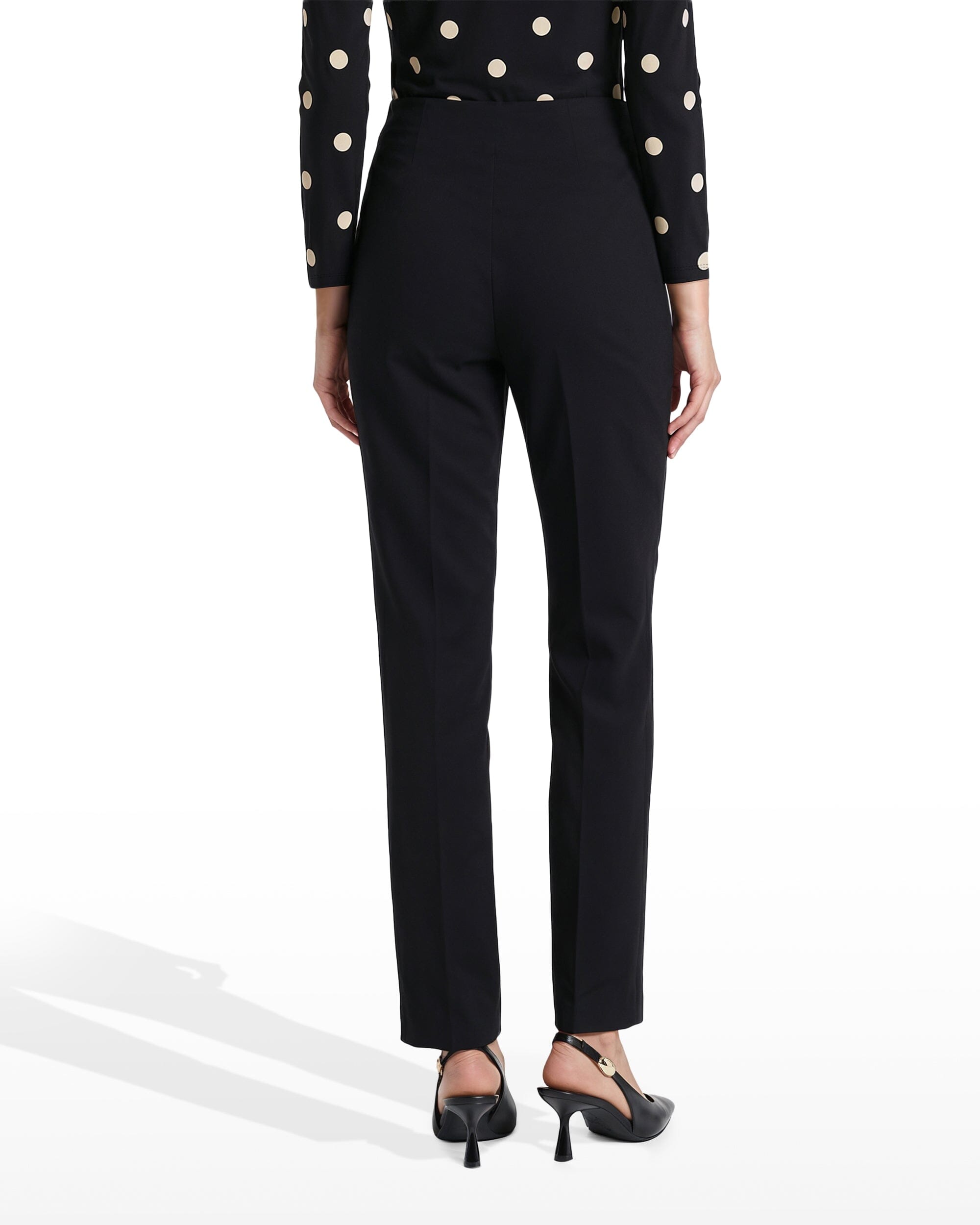 Black slim ankle pants with pull-on Hollywood waistband, styled with black block heel slingback shoes