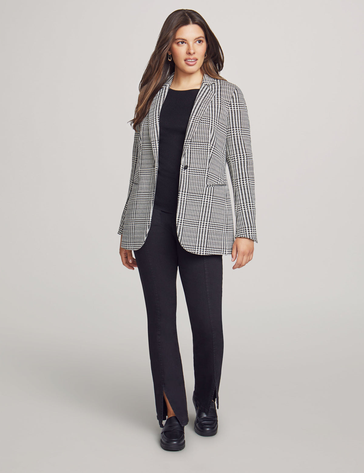 Anne Klein Anne White/Anne Black Knit Plaid One Button Notch Collar Jacket- Sale