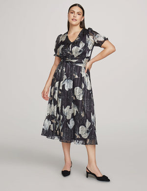Anne Klein Anne Black/Crema Multi Puff Sleeve Midi Wrap Dress