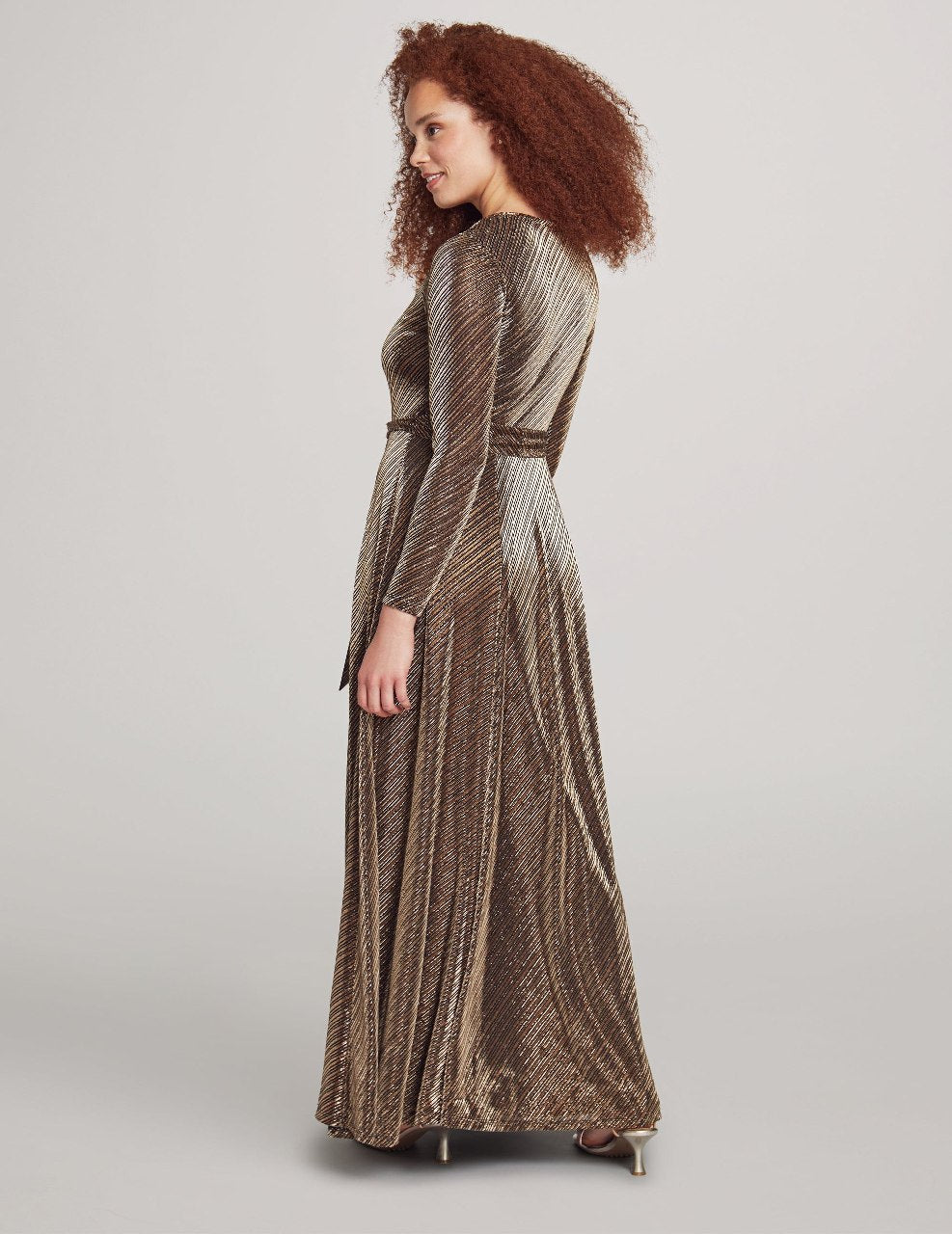 Anne Klein Gold/Anne Black Printed Mesh Long Sleeve Maxi Dress