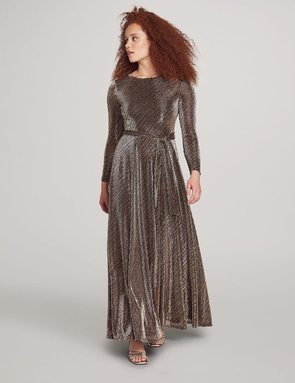 Anne Klein Gold/Anne Black Printed Mesh Long Sleeve Maxi Dress