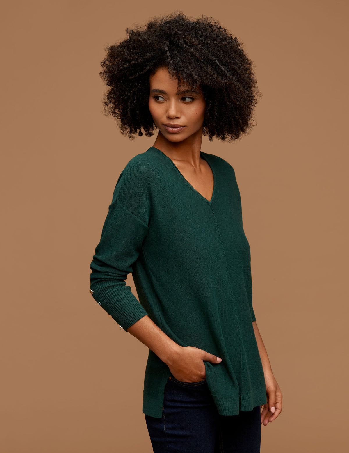 Anne Klein Pine Forest V Neck Long Sleeve With Buttons