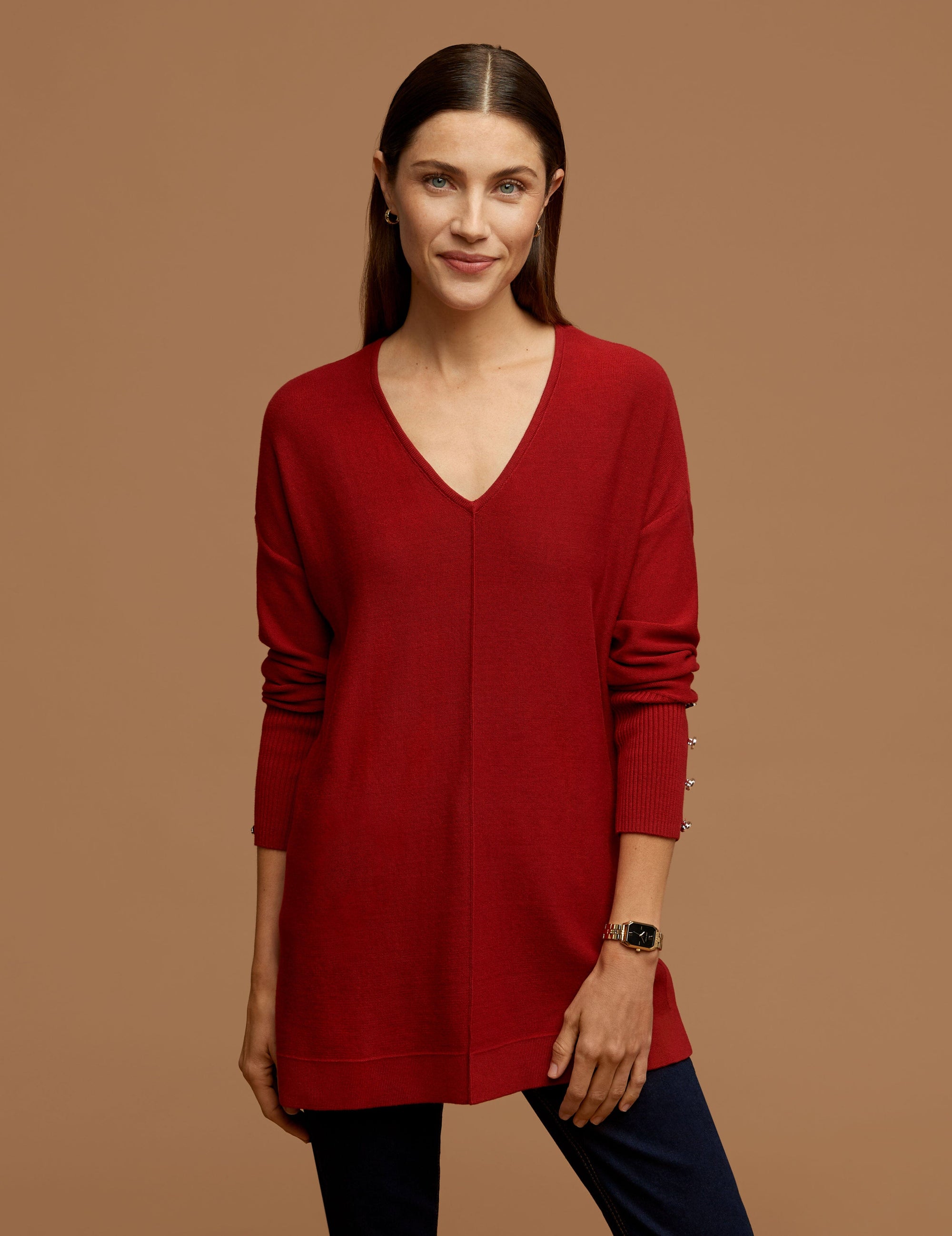 Anne Klein Titian Red V Neck Long Sleeve With Buttons