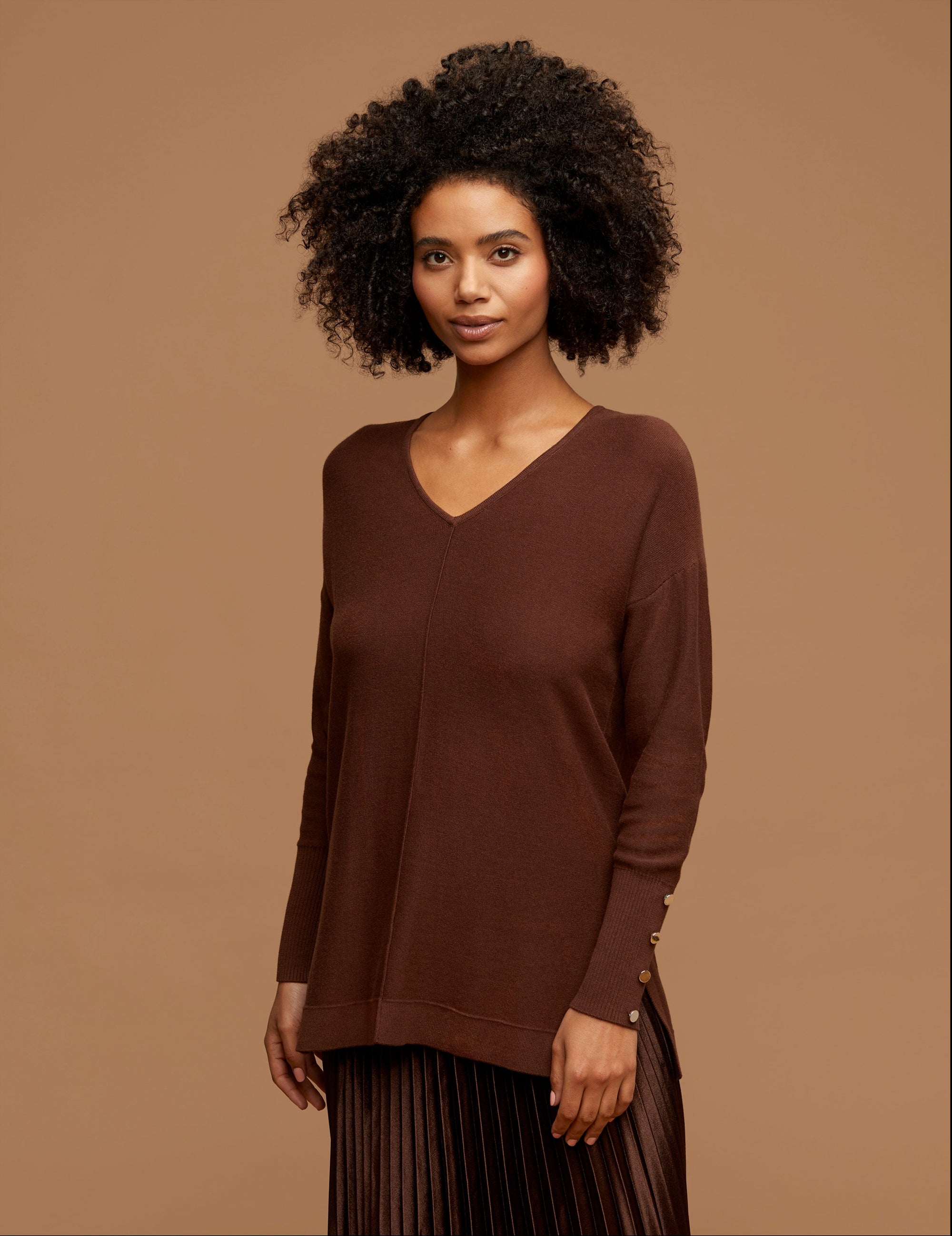 Anne Klein Espresso V Neck Long Sleeve With Buttons