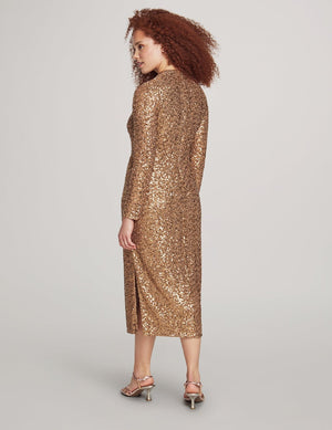 Anne Klein  Sequin Long Sleeve Mock Neck Fitted Midi Dress