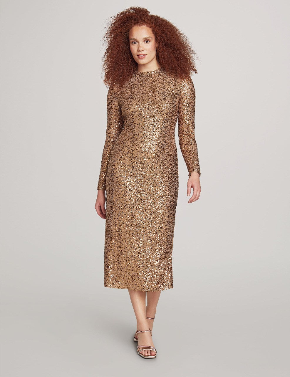 Anne Klein Gold Sequin Long Sleeve Mock Neck Fitted Midi Dress