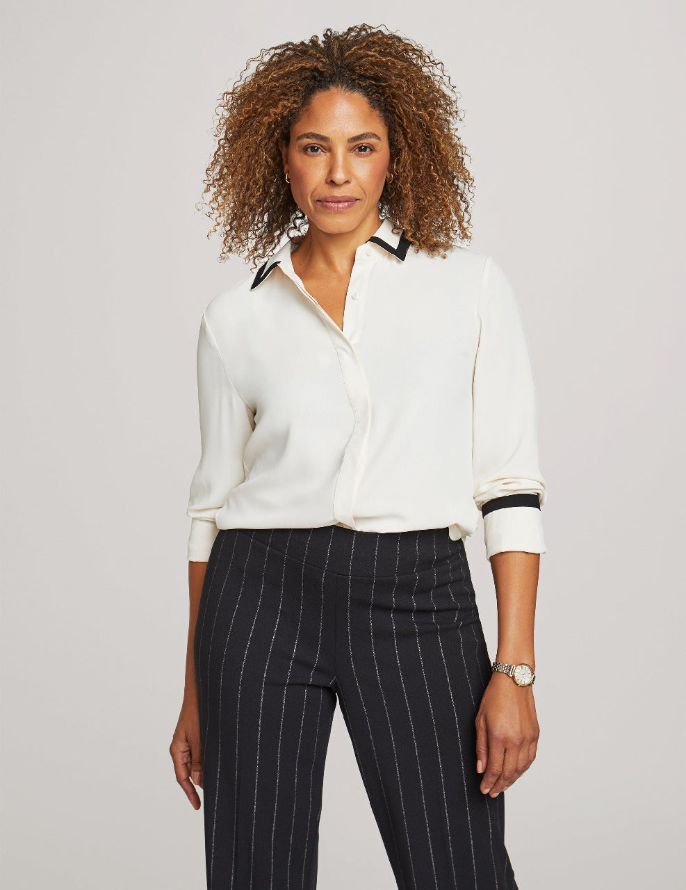 Anne Klein Anne White Button Down Blouse With Contrast Tipping