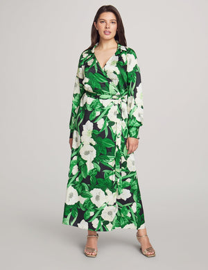Anne Klein Emerald Mint Multi Faux Wrap Maxi Dress with Blouson Sleeves