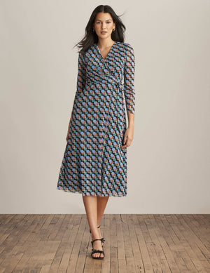 Anne Klein Anne Blk/Cape Blu Mlt Printed Tie Waist Midi Dress
