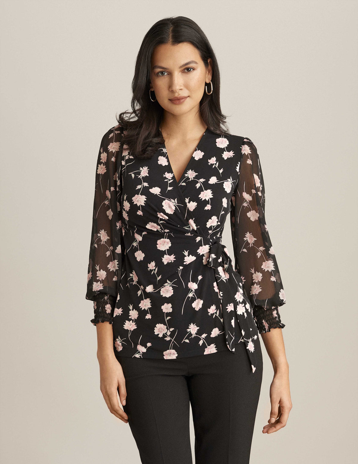 Anne Klein A Blk/Chry Blsm Mlt Printed Wrap Top with Sheer Sleeves