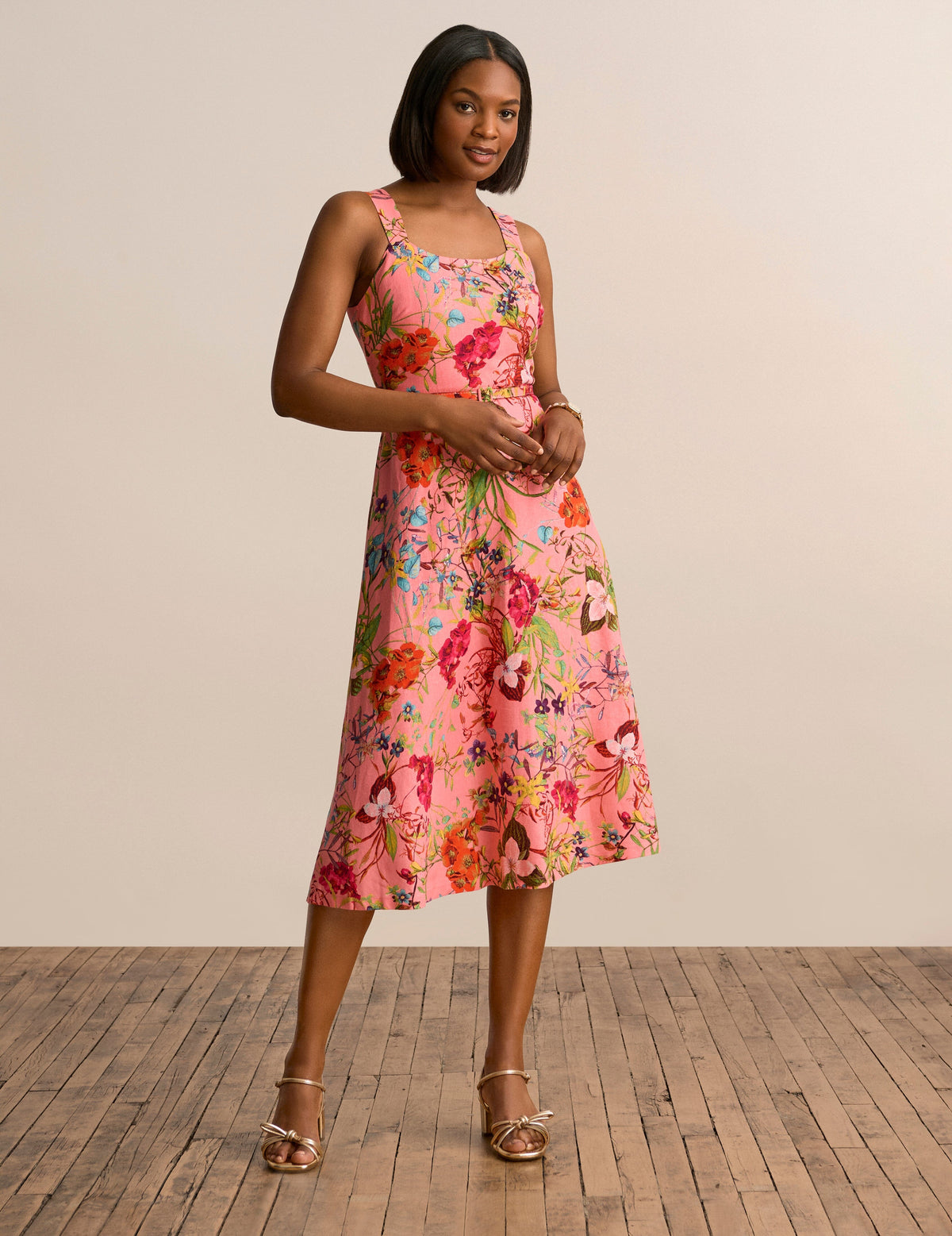 Anne Klein Sunkist Coral Multi Scooped Neck A Line Midi Dress