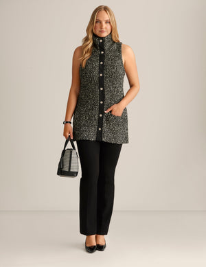 Anne Klein Anne Black/Anne White Faux Leather Trim Boucle Vest