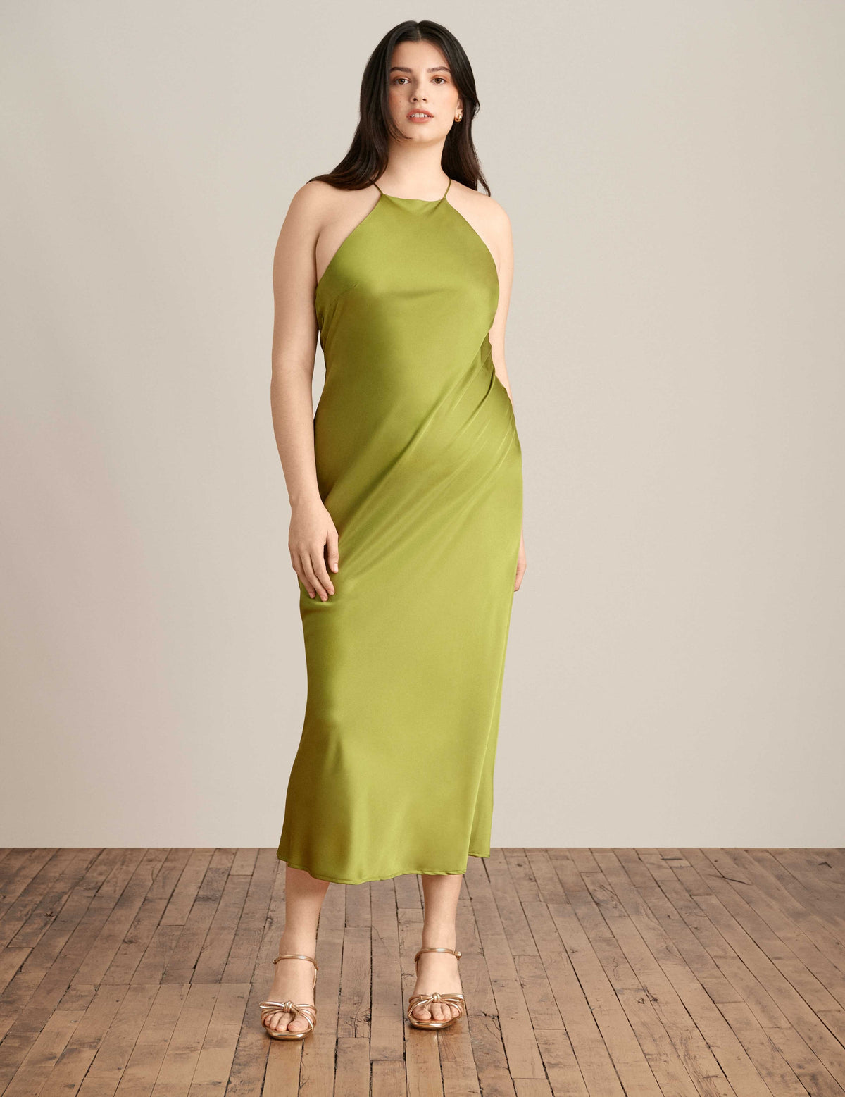 Anne Klein Leafy Green Halter Midi Slip Dress