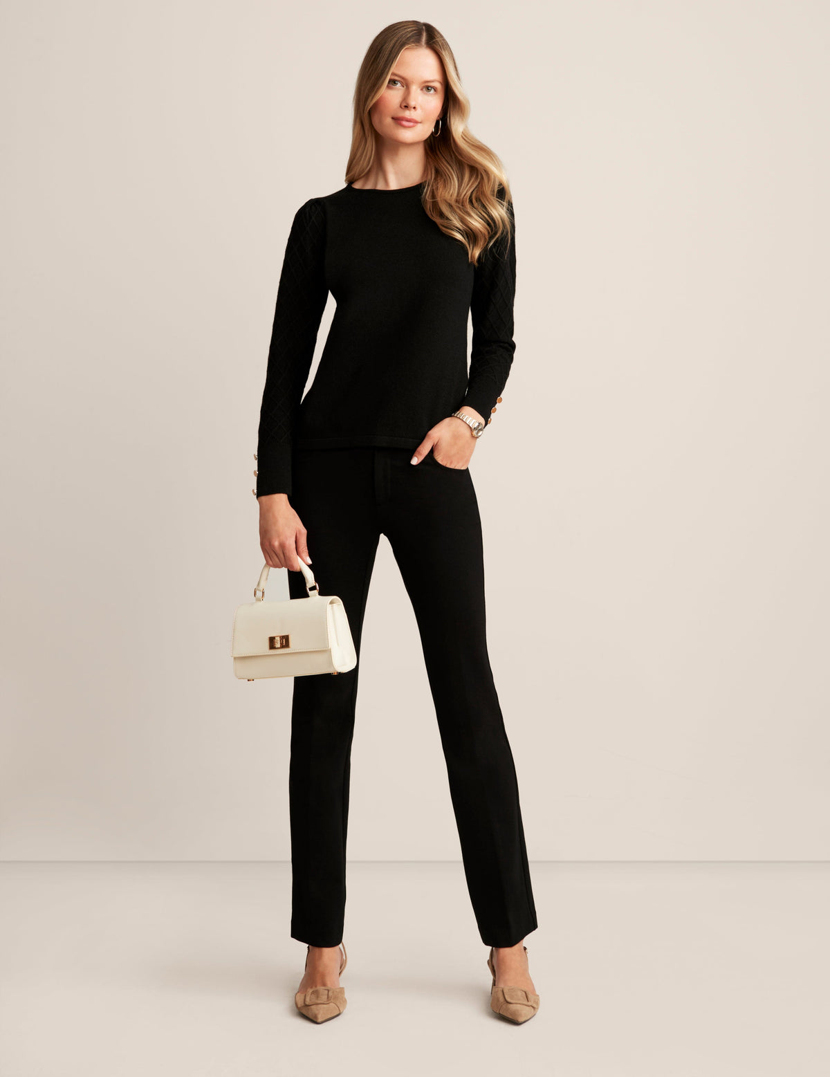 Anne Klein Anne Black Crew Neck With Diamond Stitch Sleeves