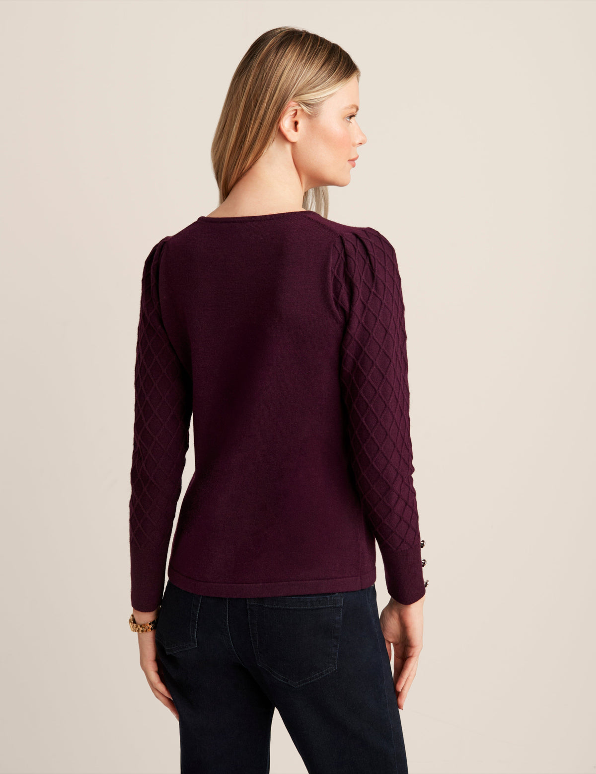 Anne Klein  Crew Neck With Diamond Stitch Sleeves