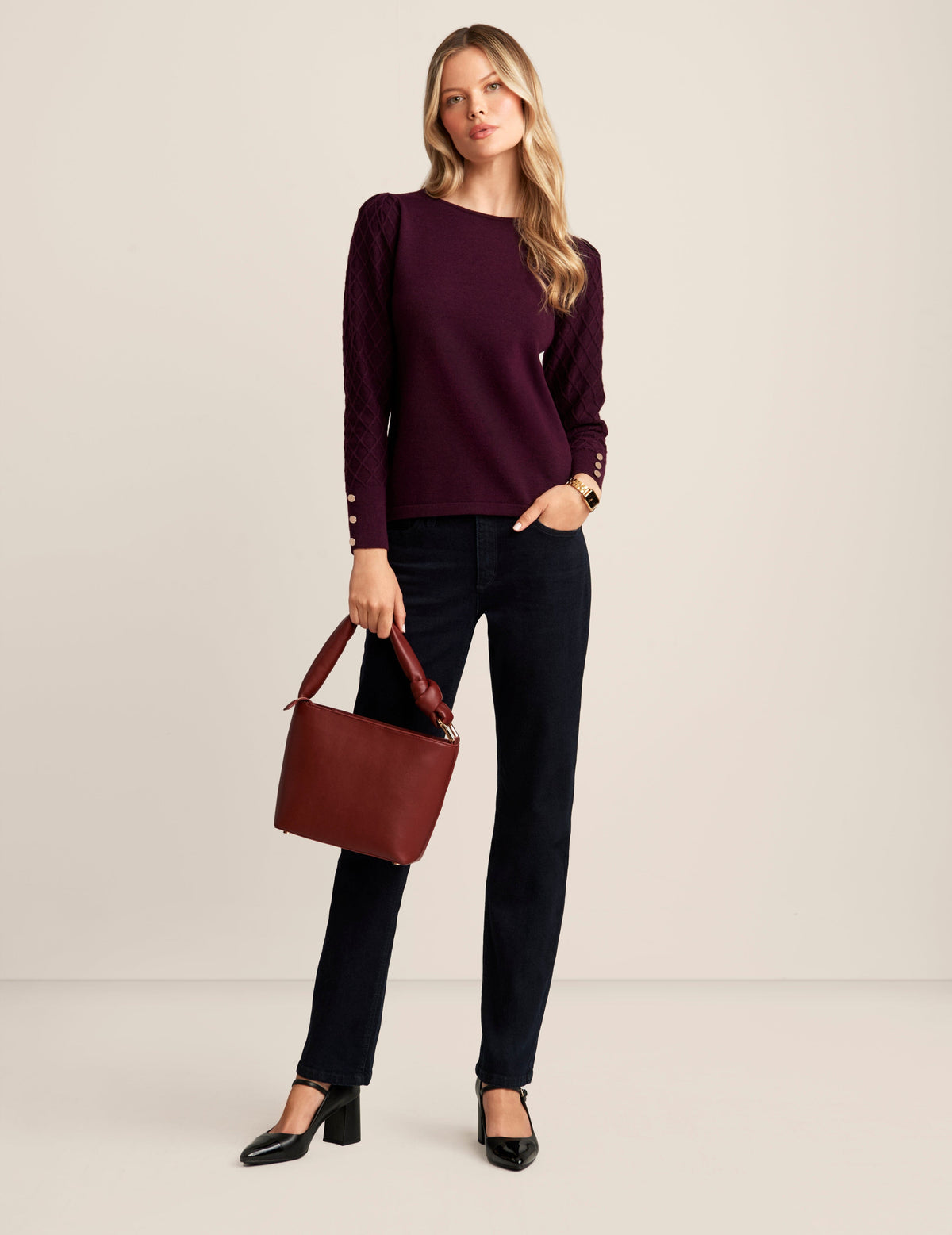 Anne Klein  Crew Neck With Diamond Stitch Sleeves