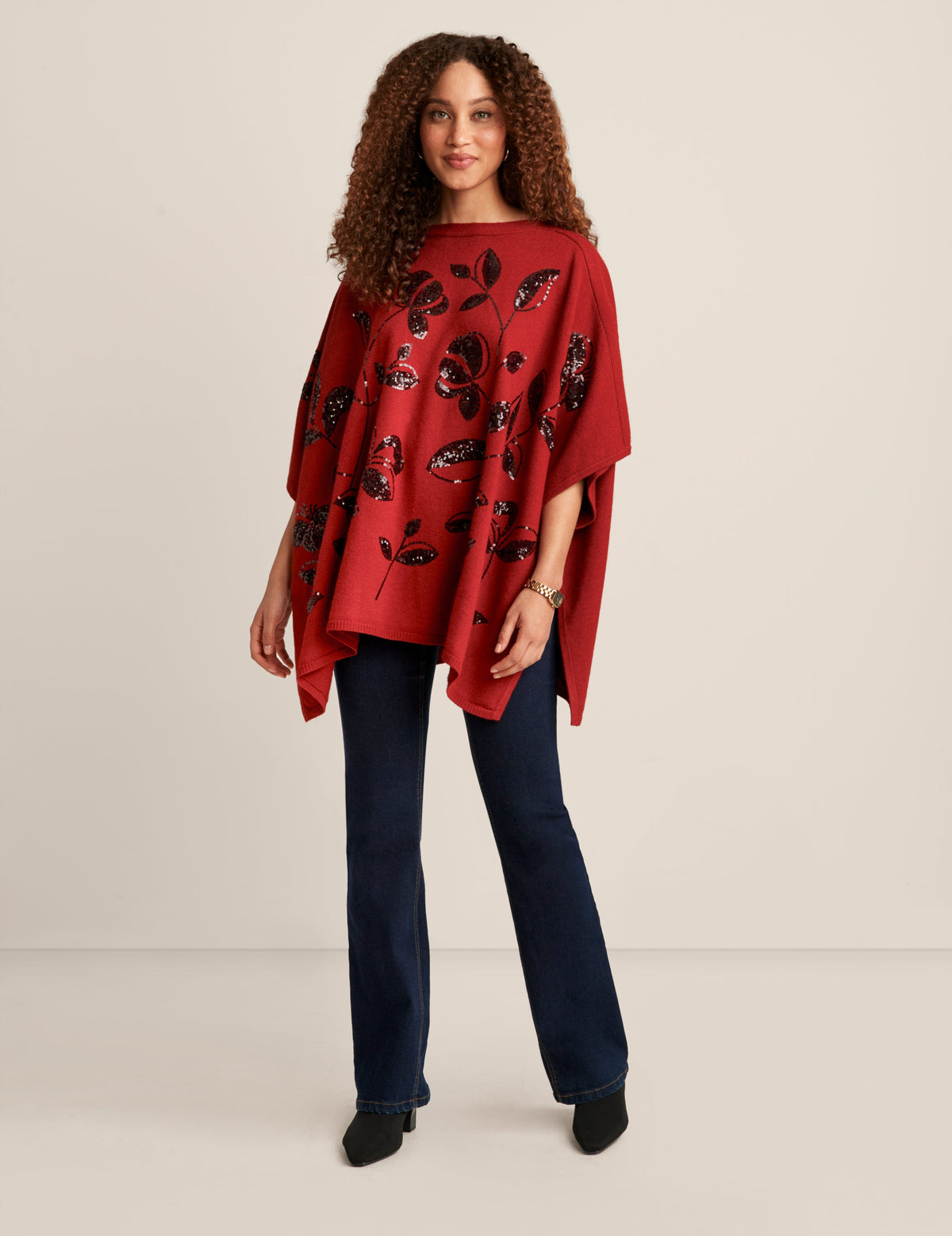 Anne Klein Titian Red Floral Sequin Poncho