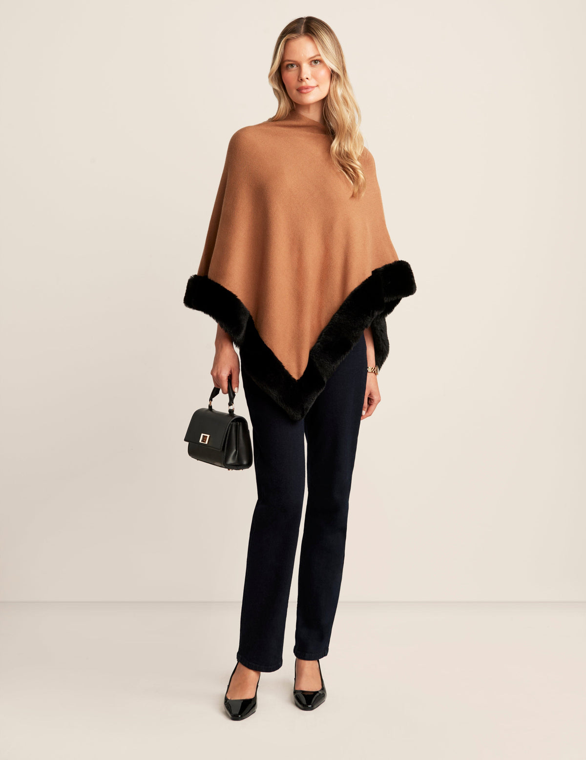 Anne Klein Vicuna/Anne Black Fur Trim Poncho Cape