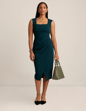 Anne Klein Deep Evergreen Square Neck Faux Wrap Dress